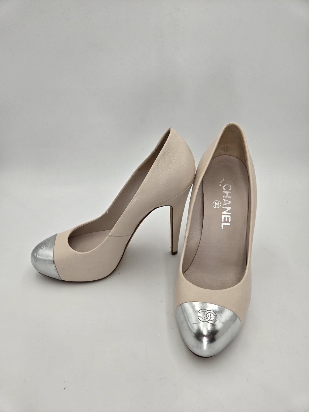 CHANEL Nude Beige Platform Heels with CC Silver Cap Toe, Spring 2012 Collection